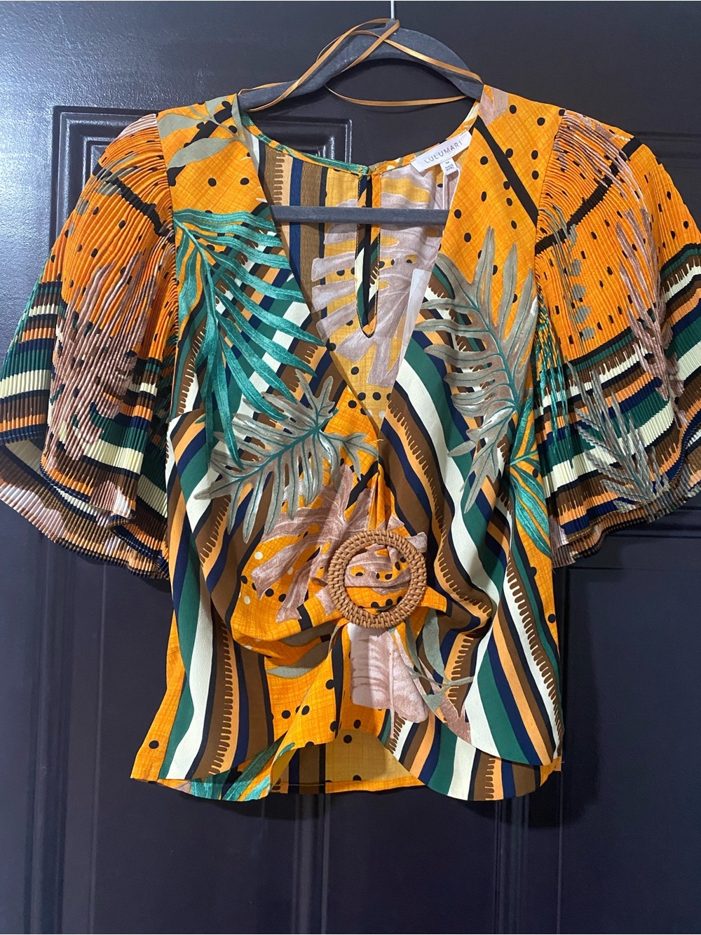 NWT Lulu's Mustard Tropical Flutter Sleeve Blouse with Leaf Print